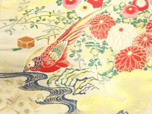 アンティーク　尾長鳥に牡丹・菊模様織り出し名古屋帯